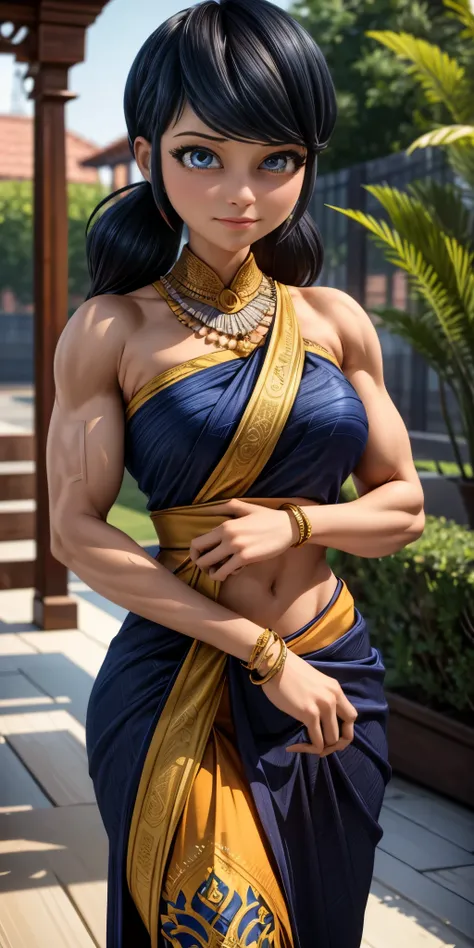 (best quality,4k,highres,masterpiece:1.2),ultra-detailed,realistic:1.37,big muscular female bodybuilder,beautiful detailed eyes,beautiful detailed lips,strong physique,two short pigtails,small (smile),rippling muscles,sturdy frame,fit around the waist,(tig...