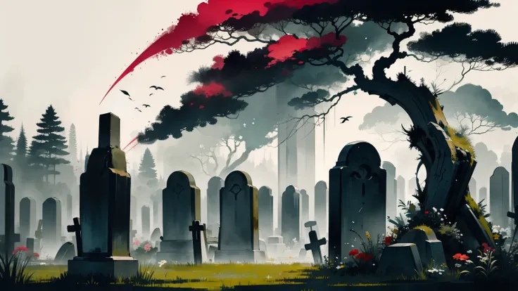 anime of a graveyard, graves, funeral, funeral procession, crowd of people, sad, grave, inky, flowers, grass, blooming, smudge, absurd, high resolution, ultra detailed, abstract, sad