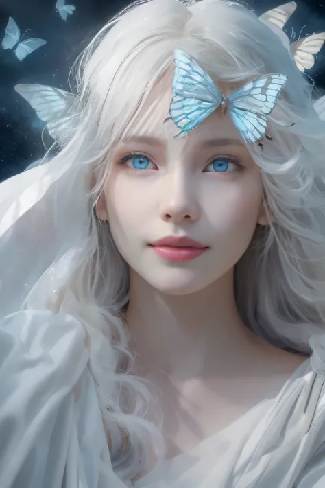 Masterpiece, best quality, ethereal moonlit woman with butterfly features, white color scheme, fair beautiful skin, white flowing hair resembling fluffy clouds, long fuzzy hair, draped in a cloak that looks like butterfly wings, enchanting white light-colo...