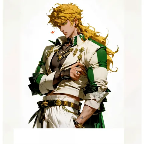 blonde，green eyes，male，handsome guy，Western fantasy costumes，Noble boy，cool，Handsome expression，medium long hair，1 boy,beautiful, masterpiece, best quality,  upper body, male focus, earrings, artist name, profile, chain, gakuran, stud earrings, front view,...