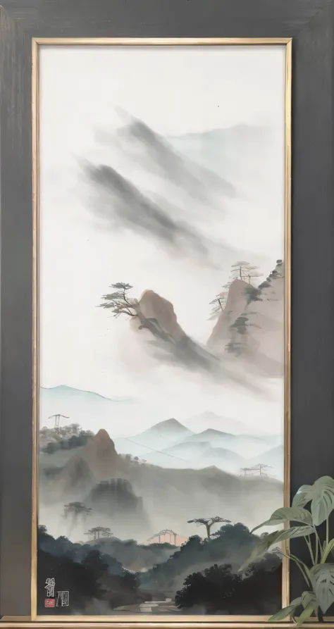 a framed picture of a painting of mountains and trees, scenery artwork, chinese painting style, inspired by Xiao Yuncong, chinese watercolor style, chinese style painting, modern european ink painting, inspired by Dong Qichang, floating mountains, chinese ...