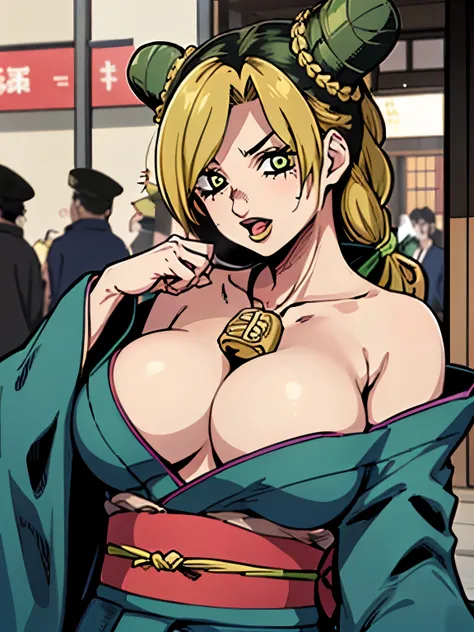 Chica de ojos grandes, ((kimono)), big breasts, (2d line:1.3), jolyne  ((alone)) ((only)) ((neckline)) sexy 