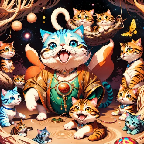 there are many cats that are in a nest together, cute detailed digital art, adorable digital painting, cute pictoplasma, by Kubisi art, planet of the cats, giant cat monster, cute detailed artwork, japanese pop surrealism, lowbrow art, cute digital art, ja...