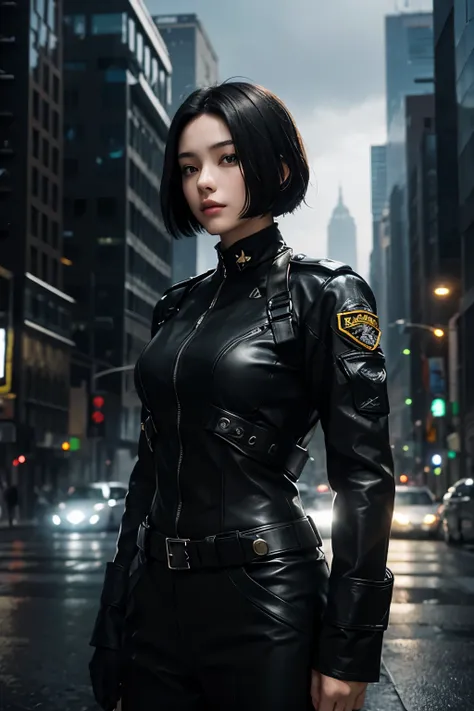 a beautiful woman. twenty years old. short black hair. he is wearing a black combat uniform that fits perfectly on his body. she...