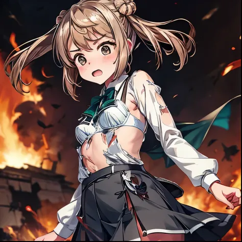 torn cloth, bra, torn skirt, {{love live!}},{{masterpiece}}, {highly detailed}, ,(masterpiece, best quality:1.2), upper body, MichishioKC, {{from below}}, angry, shouting, school uniform, pinafore dress, green ribbon, looking at viewer, small breast, long ...