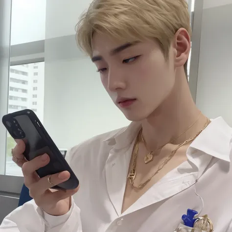 Araffated man in a white shirt looking at a cell phone, cai xukun, Jung Jaehyun, hyung tae, sakimichan, Jinyoung Shin, pintar ulzzang, yanjun chengt, kim doyoung, hong junio hyung, loong, TaeJune Kim, inspirado en Bian Shoumin, looking at his phone, inspir...