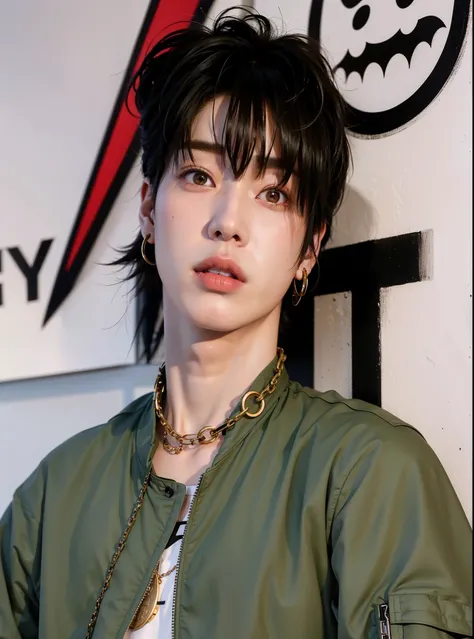 arafed man with a green jacket and a chain around his neck, cai xukun, jungkook, hyung tae, jung jaehyun, jinyoung shin, hong june hyung, kim doyoung, wonbin lee, sakimichan, inspired by Bian Shoumin, taejune kim, male ulzzang, hyung tae kim, inspired by K...