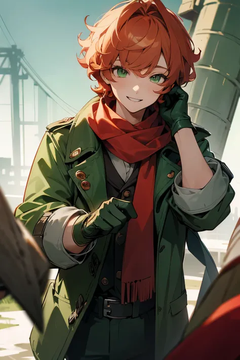 green Jacket, Short, park background, gloves, red scarf, short blond curly hair,bangs, young male, green eyes, lean build, smiling 