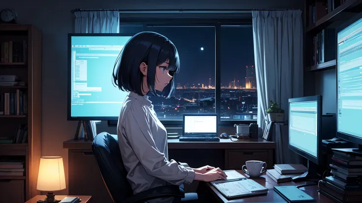 a female programmer in her 20s、draw a scene where you are working in your room at home。she has a short hairstyle、concentrating a...