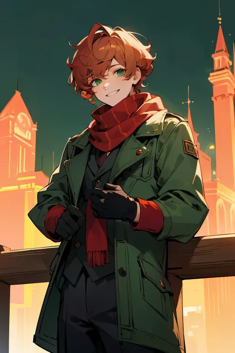 green Jacket, Short, park background, black gloves, red scarf, short blond curly hair,bangs, young male, green eyes, lean build, smiling 