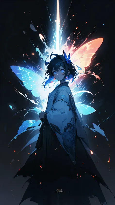 (((male1名))),(male),美しいmale,prince,long hair,character design,butterfly,star々,sparkling,glowing lines,black background,watercolo...