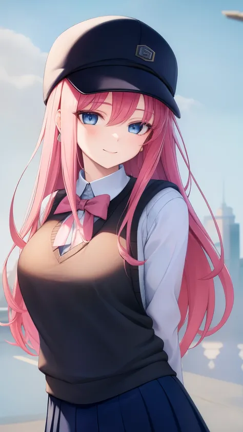 (masterpiece, best quality:1.2), close-up image of, a person with long pink hair, blue eyes, wearing a black snapback hat, with a white long-sleeved sweater and a black knitted vest, a short gray school skirt, ultra detailed, best quality, expressive eyes...