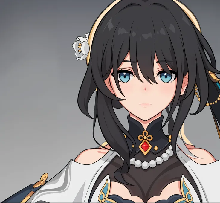 anime girl, wonder, soft expression, soft smile, curious expression, black hair, blue eyes, green dress, gold ornaments,  white pearls, chinese aesthetic, masterpiece, (beautiful and aesthetic:1. 5), thick black lineart, clean lineart, perfect lineart, var...