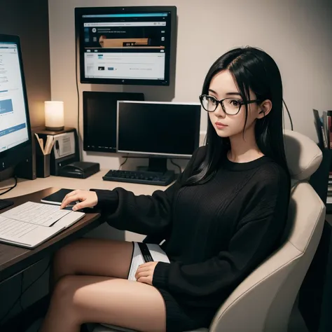 Woman with glasses 23 years old long black hair sitting at her computer working and wearing black sweater 