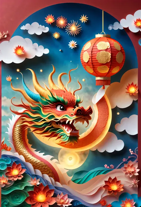 (sandbox:1.4), movie angle, (1个可爱的孩子挥舞着中国龙形状的lantern, chinese new year, festive, red background, cloud, flowers, fireworks, fire...