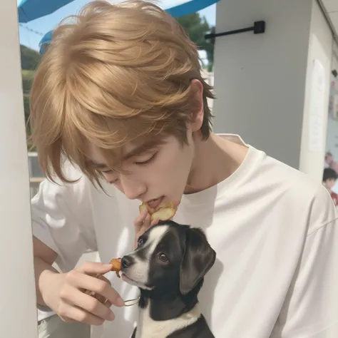 Chico rubio con un cepillo de dientes en la boca y una camiseta con la imagen de un perro., taehyung comiendo papas fritas gucci, cai xukun, Jung Jaehyun, kim doyoung, xqc, Jiminla nariz griega, 1 7-year-old boy with a thin face, Con pelo corto, Jinyoung S...