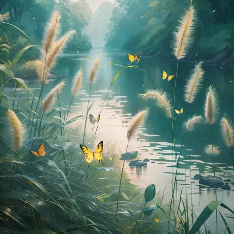 there are many yellow butterflies flying over the water near the grass, by Yang J, beautiful digital artwork, by Wen Zhenheng, by Cheng Jiasui, by Liang Kai, by Shen Quan, by Zou Zhe, by Li Song, beautiful art uhd 4 k, dreamy scene, by Zheng Xie, by Ju Lia...