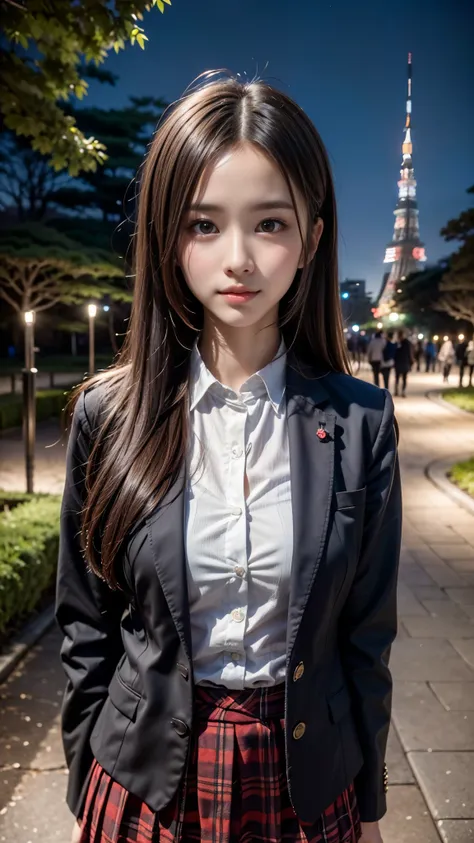 (Close up portrait of one girl with Japanese school uniform:1.5), (white shirt), (Blazer, School uniform), (cleavage:0.8), (plaid_skirt), (8k, RAW photo, best quality, masterpiece), (realistic, photo-realistic), ultra-detailed, high quality, professional l...