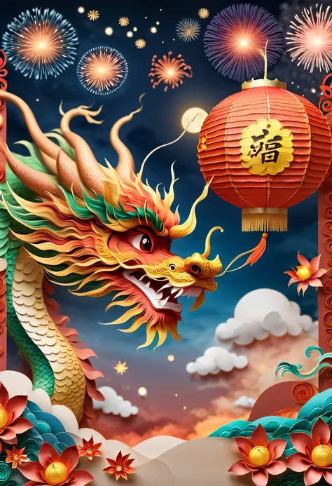 (sandbox:1.4), movie angle, (1个可爱的孩子挥舞着中国龙形状的lantern, chinese new year, festive, red background, cloud, flowers, fireworks, fire...