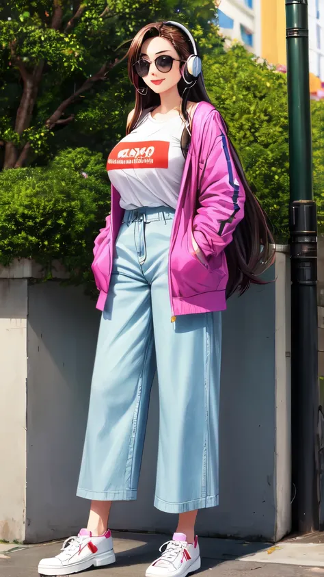 Color Fuchsia as a woman in a 90s outfit half body with long hair and baggy clothes, headphones and big sunglasses , sassy face but smiley