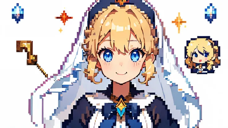 (pixel art:1.2),((Her hair is blonde and curly)),(Fluffy voluminous ponytail),((A tiara-like hair clip in a knot)),(The hair in the ponytail is permed and fluffy.),BREAK ((Girl with blue eyes)),her face is cute、smile,BREAK ((white and blue monastic robes))...