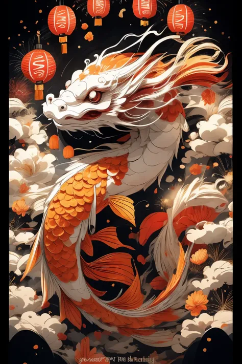 koi fish surround cute chinese dragon, firework background，chinese new year decoration，（（（four red lanterns）））（（（masterpiece））），...