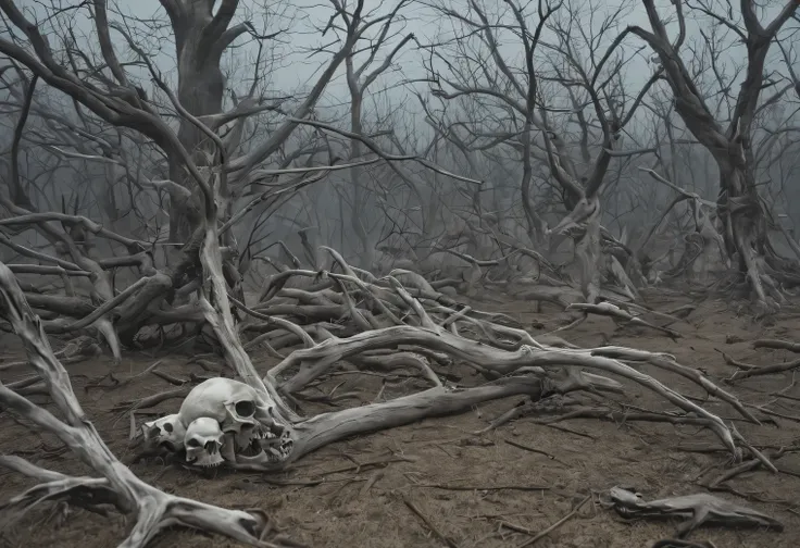 realistic photo of a very creepy place in a dead forest, dry trees with gnarled branches, bundles of cobwebs, hanging from the branches of dry trees, animal skulls and bones, scattered on the ground, the ground is dry and covered with gray ash, creepy atmo...