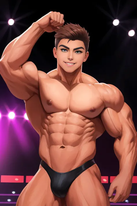 A teen (s face) in the bodybuilding competition, on stage with others teens bodybuilders at his sides boy, 17 year old teenager (17 years old) very attractive boy, Mexican ethnicity. tanned skin, brown hair, carefree, carefree expression, young man, alone,...