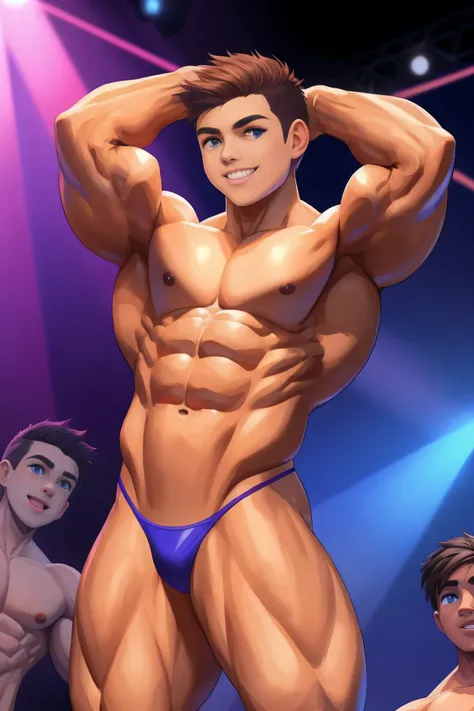 A teen ( face) in the bodybuilding competition, on stage with others teens bodybuilders at his sides boy, 15 year old teenager (15 years old) very attractive boy, Mexican ethnicity. tanned skin, brown hair, carefree, carefree expression, young man, alone, ...