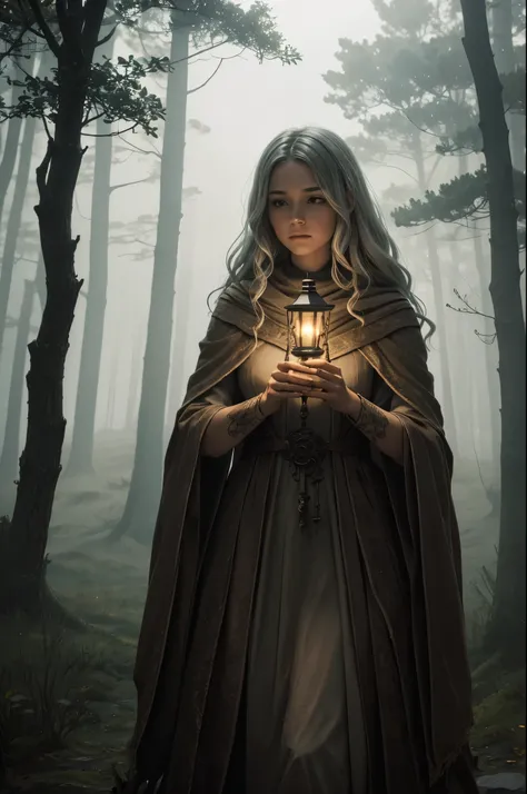 holding a lantern, surrounded by fog and mist. The lantern emits a soft, warm glow, casting long shadows on the ground. The womans face is wrinkled and weathered, with wise and kind eyes. She is wearing a tattered cloak that billows in the wind, revealing ...