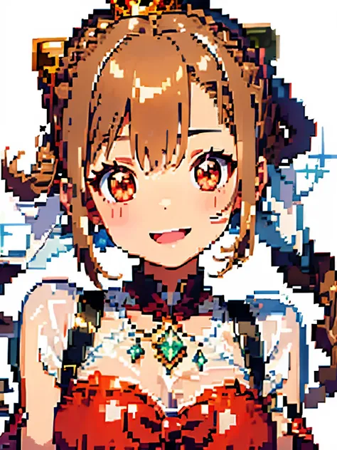 (pixel art:1.2),((Her hair is light brown and curly.)),(Braided shorthair:1.3),((A luxurious crown like a king)),(With bangs:1.2),BREAK ((Brown-eyed girl)),her face is cute、smile,BREAK ((red and white dancer&#39;s clothes)),(transparent veil),BREAK (()),((...