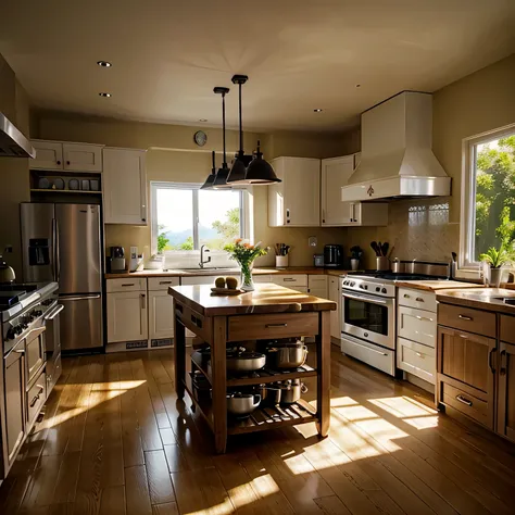 A well-lit kitchen with a plain-looking island in the center