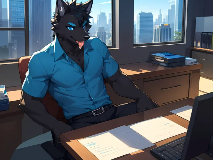 Furry,solo,black fur fox,Male,neon blue eyes(Eye details 1.2),Those handsome faces,Wear office clothes,Take off your shirt.,Realistic anatomy,Sitting and working in a private office on a tall building.,sitting by the window,Look out the window.,Stick your ...