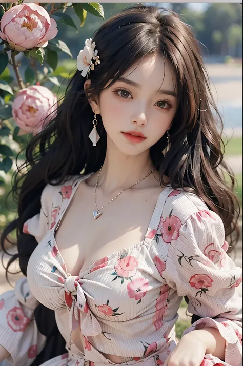 Sweet girl clothes6,print dress,, ((best quality, 8k, masterpiece: 1.3)), ((knee shot)), sexy的亚洲女模特, blush, (seduct smile: 0.8), hair accessories, necklace, Jia, Tyndall effect, actual, light edge, Two-tone lighting, 8k ultra hd, SLR camera, high quality, ...