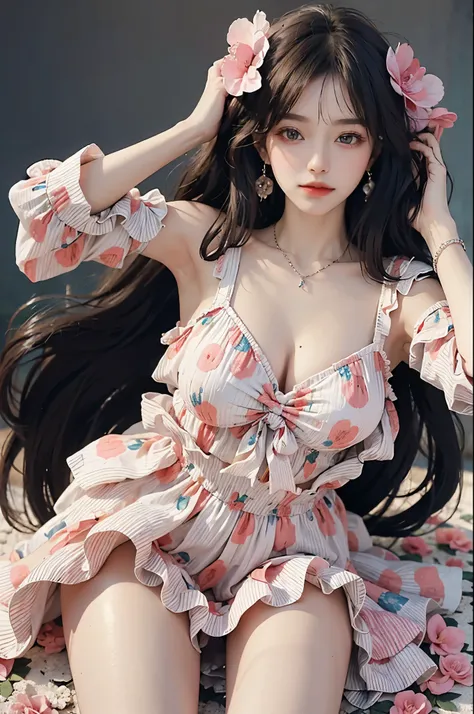 Sweet girl clothes6,print dress,, ((best quality, 8k, masterpiece: 1.3)), ((knee shot)), sexy的亚洲女模特, blush, (seduct smile: 0.8), hair accessories, necklace, Jia, Tyndall effect, actual, light edge, Two-tone lighting, 8k ultra hd, SLR camera, high quality, ...