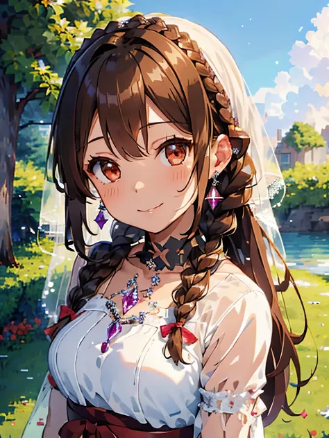 (pixel art:1.2),((Her hair is light brown and curly.)),(Braided shorthair:1.3),((A luxurious crown like a king)),(With bangs:1.2),BREAK ((Brown-eyed girl)),her face is cute、smile,BREAK ((red and white dancer&#39;s clothes)),(transparent veil),BREAK (()),((...