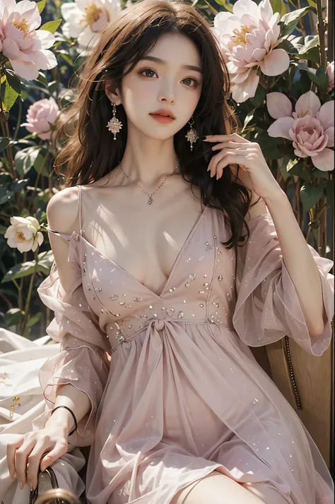 dress,  ((best quality, 8k, masterpiece: 1.3)), ((knee shot)), sexy的亚洲女模特, blush, (seduct smile: 0.8), hair accessories, necklace, Jia, Tyndall effect, actual, light edge, Two-tone lighting, 8k ultra hd, SLR camera, high quality, Volumetric lighting, sneak...