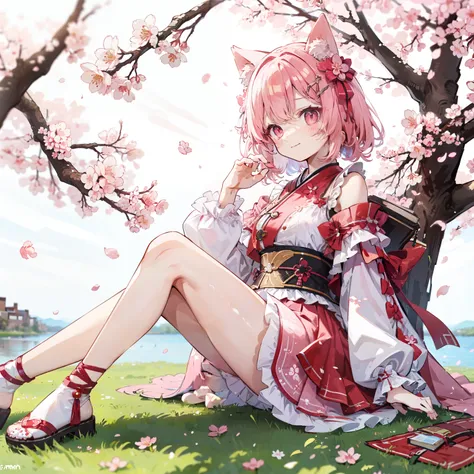 spring when cherry blossoms are in full bloom. a girl sitting under a cherry tree、the grass beneath their feet、cherry blossom vi...