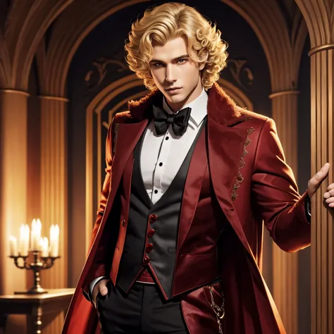 Blonde fantasy handsome vampire fullbody curly fluffy hair male man short hair red eyes