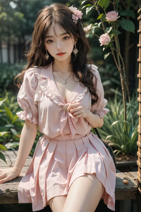 pleated skirt,pink skirt,pink sailor collar, ((best quality, 8k, masterpiece: 1.3)), ((knee shot)), sexy的亚洲女模特, blush, (seduct smile: 0.8), hair accessories, necklace, Jia, Tyndall effect, actual, light edge, Two-tone lighting, 8k ultra hd, SLR camera, hig...