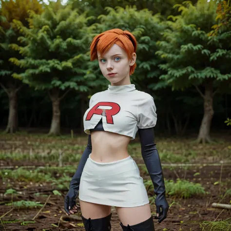 sexi girl standing 16 years old doing a cosplay of misty character of pokemon with team rocket uniform: angelical face, orange s...