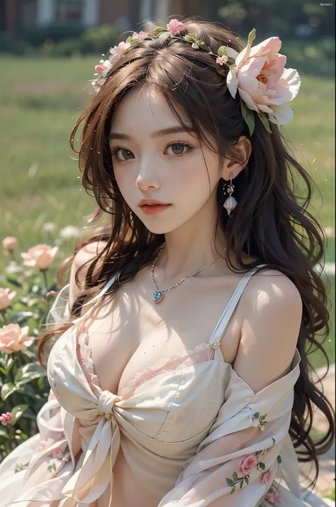 Romantic Rosette dress2, ((best quality, 8k, masterpiece: 1.3)), ((knee shot)), sexy的亚洲女模特, blush, (seduct smile: 0.8), hair accessories, necklace, Jia, Tyndall effect, actual, light edge, Two-tone lighting, 8k ultra hd, SLR camera, high quality, Volumetri...