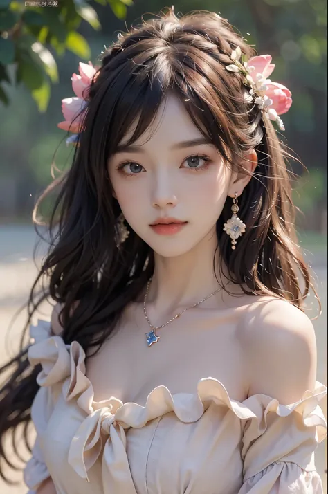 Special clothes34,bare shoulders,shirt,, ((best quality, 8k, masterpiece: 1.3)), ((knee shot)), sexy的亚洲女模特, blush, (seduct smile: 0.8), hair accessories, necklace, Jia, Tyndall effect, actual, light edge, Two-tone lighting, 8k ultra hd, SLR camera, high q...