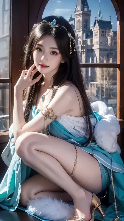 ((knee shot)), arapefee,  looking at camera， wear high heel shoes，Put on the crown，necklace，Smile，Shoot at random angles，beside a window, in the castle, transparency，（extra large ，1.5），Exposing cleavage，Turn around and look at the camera，masterpiece，flawle...