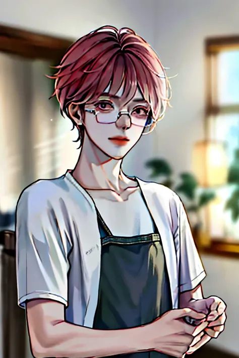 Anime boy with glasses, solo, high-res, best quality, masterpiece, (head:1.3), finely detailed features, sharp focus, cinematic lighting, indoor setting, soft lighting, straight-on, wearing glasses that frame his expressive eyes, casual attire such as a t-...