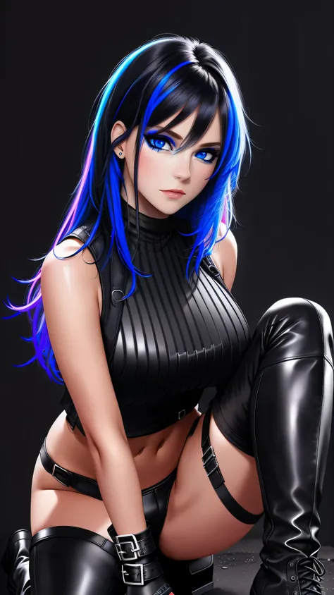 beautiful girl, full body, bright blue neon streaked dishevelled hair, ((large light realistic detailed eyes:1.3)), ((seductive pose:1.5)), black eyeshadow, (street style wear:1.2), ((tight fitted panties)), ((thigh high leather boots:1.3)),  ((dark plain ...