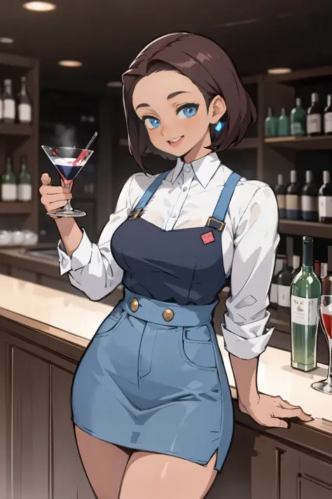 1 girl, young woman, alone, short hair, (forehead:1.2), blue eyes, (Dark hair), light skin tone, Masculine, Tomboys, Teasing laughter, looking at the audience, permanent, masterpiece, best quality, 4K，barista，in the bar，Wine in hand，bartender，cocktails