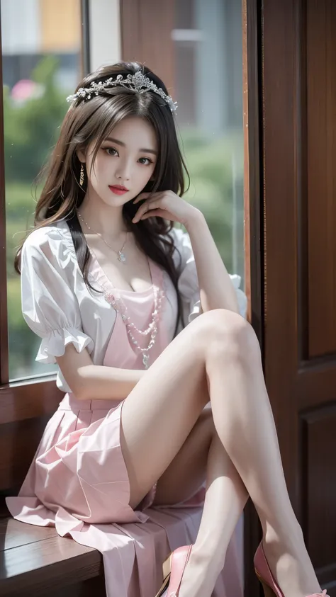 pleated skirt,pink skirt,pink sailor collar, ((knee shot)), arapefee, looking at camera， wear high heel shoes，Put on the crown，necklace，Smile，Shoot at random angles，beside a window, in the castle, transparency，（extra large ，1.5），Exposing cleavage，Turn arou...