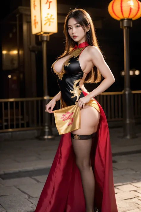 masterpiece, highest quality, realistic, 1 girl, chinatown, walk, night, Long cheongsam dress with gold embroidery, Princess, beautiful long hair, big ass, realistic美しいlegs, Clothes with a wide open chest, stockings, nipple protrusion, My whole body is sti...