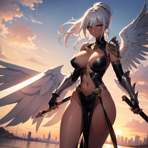 fantasy, 1angel_girl, teen, brown_ponytail_hair, (dark_skin:1.1), bare_shoulder, navel, thigh,silver_shiny_armor, white_clothes,waist_armor, glebe, hold_swords, big_tits, angry, dynamic_fighting_pose, floating, (1pair_white_wings:1.2), sunrise_city_backgro...